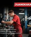 Mechanic in red overalls working in garage with Duangkaka branding