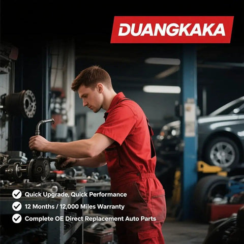 Mechanic in red overalls working in garage with Duangkaka branding