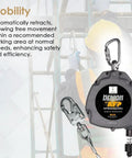 Solid Workhorse Fifty Foot Self Retracting Lifeline Anti Twist Swivel Housing Heavy Duty Double Gate Hook Osha Ansi Certified Fall Arrest Limiters For Jobsite Crews on a ladder.