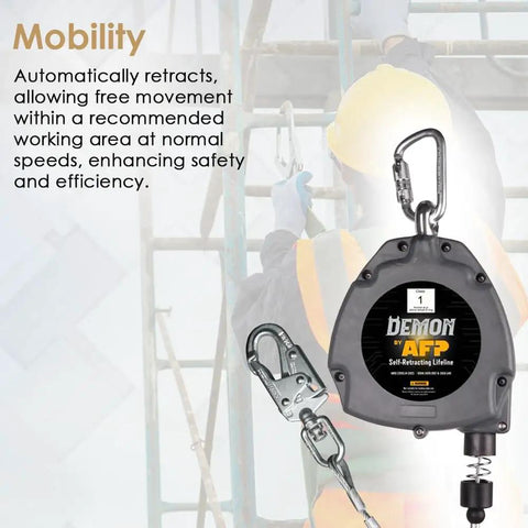 Solid Workhorse Fifty Foot Self Retracting Lifeline Anti Twist Swivel Housing Heavy Duty Double Gate Hook Osha Ansi Certified Fall Arrest Limiters For Jobsite Crews on a ladder.