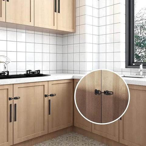 Heavy Duty Toggle Latch Set 4 Pack Adjustable Steel Latches in Black on kitchen cabinets, enhancing security and style