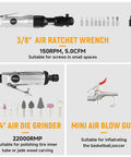 Killer 71 Piece Air Tool Set Featuring Badass 1/2 Inch Single Hammer Impact Wrench And Rapid Fire Air Ratchet Wrench With Tough Blow Molded Case For Serious Workshop Tasks showing air ratchet wrench, die grinder, and blow gun.