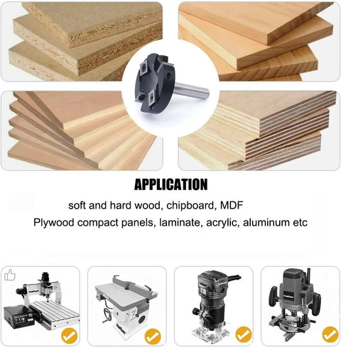 Heavy Duty CNC Spoilboard Surfacing Router Bit with One Half Inch Shank and Two And A Half Inch Cut Diameter Four Carbide Inserts Slab Flattening Planing Bit For Fly Cutter Slab Leveler And Rabbeting Beast Finish shown with sample materials and machines for application.