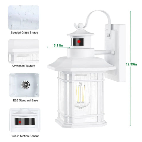 Two Pack Motion Sensor LED Outdoor Wall Lights Dusk To Dawn Exterior Lanterns Matte White Waterproof with Seed Glass E26 Base