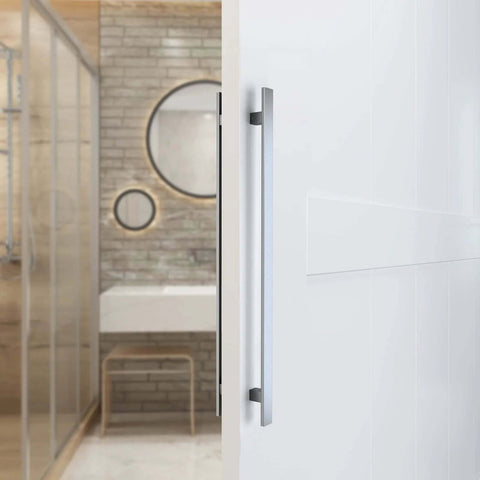 36 Inch Barn Door Push Pull Handle Heavy Duty Grade 304 Stainless Steel Brushed Finish Square Commercial Door Pull Set installed on white door