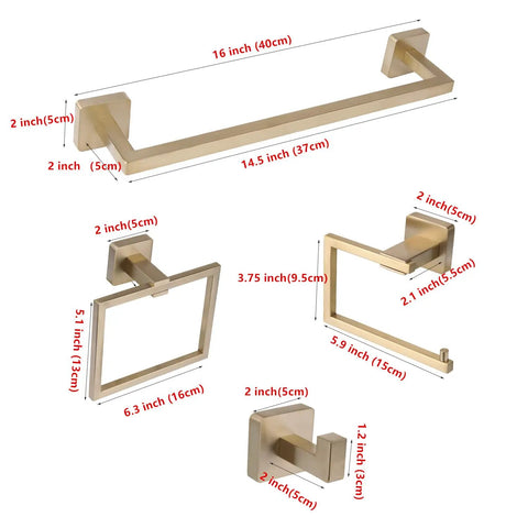 Stainless Steel Brushed Gold Bathroom Hardware Set 4 Piece Including 16 Inch Towel Bar Hand Towel Ring Toilet Paper Holder Towel Hooks And Towel Rack For Modern Home with measurements