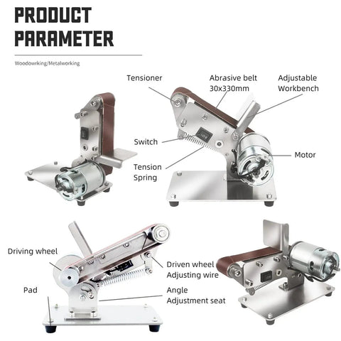 Mini Electric Belt Sander Bench Grinder Polishing Kit For Knife Making Woodworking With Adjustable 0-65 Degree Angle Table.
