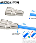 Push In Heavy Duty Pneumatic Fittings Tee And Straight Union Set One Quarter Inch OD Copper Nickel Plated Y Style Push To Connect Air Fittings 290 Psi Fits PU PA PE PVC Tubing Pack Of Five demonstration of tube insertion