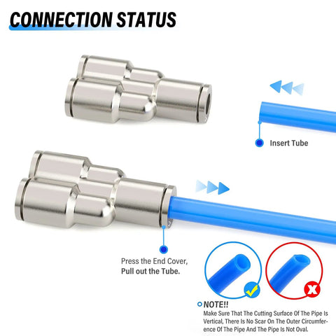 Push In Heavy Duty Pneumatic Fittings Tee And Straight Union Set One Quarter Inch OD Copper Nickel Plated Y Style Push To Connect Air Fittings 290 Psi Fits PU PA PE PVC Tubing Pack Of Five demonstration of tube insertion