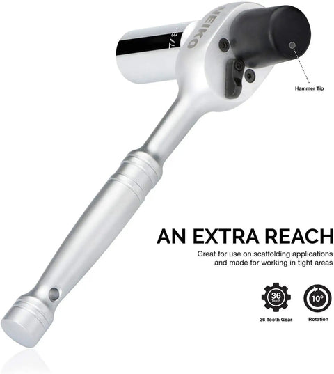 Half Inch Drive Scaffold Ratchet Wrench With 9.5 Inch Length, 36 Tooth Hammer Tip Head, Includes Seven Eighths Inch Six Point Deep Socket