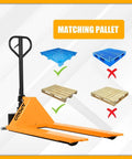 Heavy Duty Scissor Pallet Jack With 45 Inch Forks And 21 Inch Wide, Lifts Up To 31.5 In, Ergonomic Three Position Handle With Lower Slow Lift Fast Lift, 7.1 Inch Polyurethane Steering Wheels, Dual 2.9 Inch Fork Wheels, Leak Proof Hydraulic System. matching pallet types