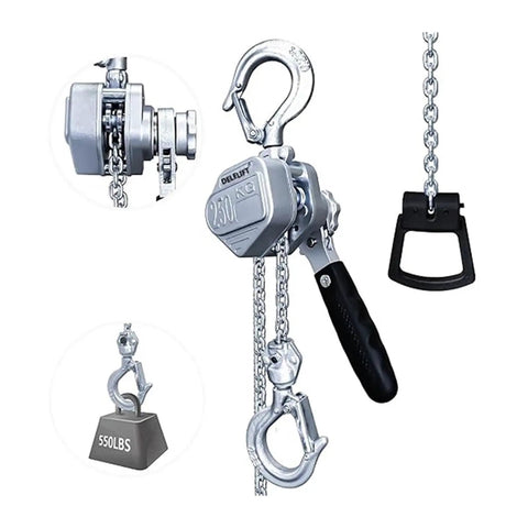 Heavy Duty Aluminum Hand Chain Hoist With Smoother Lever Mechanism For Tough Lifting Jobs And Heavy Loads Up To 0.25 Tons At 6 Meter Lift Height showing hook and lever.