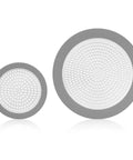 Amaxiu 2Pcs Shower Drain Hair Catcher, 3.54in/5.7in Shower Drain Cover in silver color with circular design and holes.
