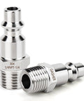 Front and side views of two GASHER 304 stainless steel 1/4 NPT male air plugs.