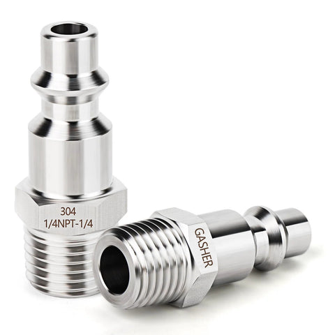 Front and side views of two GASHER 304 stainless steel 1/4 NPT male air plugs.