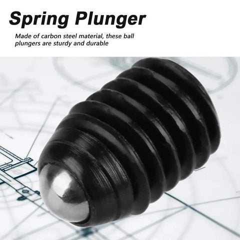 Close-up of M6 Carbon Steel Ball Plunger from 10 Piece Carbon Steel Ball Plunger Set With M6 Hex Socket Spring Plunger Pins.