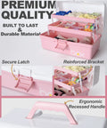 12 Inch 3 Layer Plastic Storage Organizer Box With Handy Handle Portable Folding Tackle Box Adjustable Dividers All In One Case For Sewing Arts Crafts Medicine Tools White Pink, open with dividers and latch.