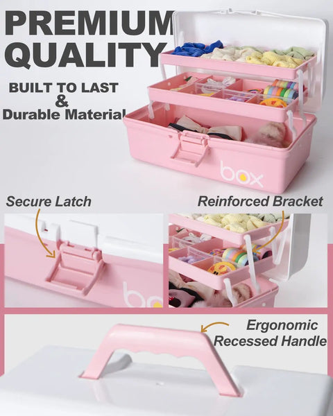 12 Inch 3 Layer Plastic Storage Organizer Box With Handy Handle Portable Folding Tackle Box Adjustable Dividers All In One Case For Sewing Arts Crafts Medicine Tools White Pink, open with dividers and latch.