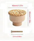 Six Piece Boho Rattan Wood Dresser Knob Set For Cabinets And Drawers Natural Finish Durable 1.57 Inch Diameter And 1.18 Inch Height Fits 16 To 19mm Door Panels Adds Warm Modern Country Chic Look No Sweat Install, 40mm x 30mm knob with 22mm screw