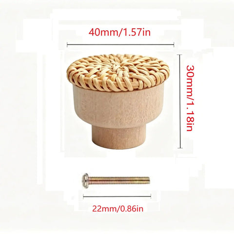 Six Piece Boho Rattan Wood Dresser Knob Set For Cabinets And Drawers Natural Finish Durable 1.57 Inch Diameter And 1.18 Inch Height Fits 16 To 19mm Door Panels Adds Warm Modern Country Chic Look No Sweat Install, 40mm x 30mm knob with 22mm screw
