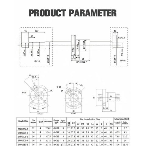 High Performance 200mm C7 Ball Screw With Precision Ball Nut For CNC Instruments SFU1210/1204 Rolled Spindle technical drawing dimensions