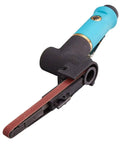 Handheld Pneumatic Belt Grinder And Weld Scar Sanding Machine D27 Lightweight Air Powered Buffer Tool For Removing Weld Marks Industrial Metal Finish showing the tool's compact design with a belt.