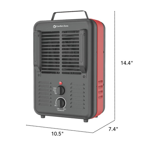 Milkhouse Style 1500W Electric Utility Heater For Workshops And Garages Portable Space Heater With Adjustable Thermostat Dual Heat Settings And Quiet Fan All Metal Heavy Duty Construction Yellow And Black front view with dimensions
