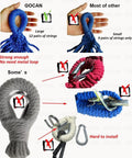 Comparison of hammock string designs, showing GOCAN large strings with 12 pairs versus others' small strings, with and without metal loops.