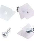 50 Pcs Heavy Duty L Shaped Angle Brackets For Sagging Drawer Repair And Furniture Stabilization With Rust Resistant Steel Screws 90 Degree Corner Support Set close-up of white plastic brackets with steel screws