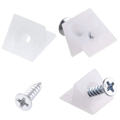 50 Pcs Heavy Duty L Shaped Angle Brackets For Sagging Drawer Repair And Furniture Stabilization With Rust Resistant Steel Screws 90 Degree Corner Support Set close-up of white plastic brackets with steel screws