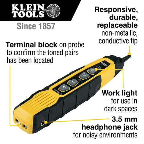 VDV500-123 Wire Tracer Tracing Probe With LED Work Light For Ethernet Internet Telephone; shown with terminal block, headphone jack