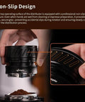Universal 58mm Espresso Coffee Distributor With Gravity Tumbler For Standard Portafilters showing non-slip design for steady coffee leveling.