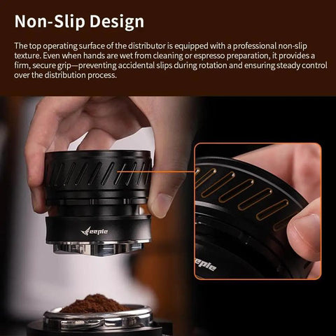 Universal 58mm Espresso Coffee Distributor With Gravity Tumbler For Standard Portafilters showing non-slip design for steady coffee leveling.
