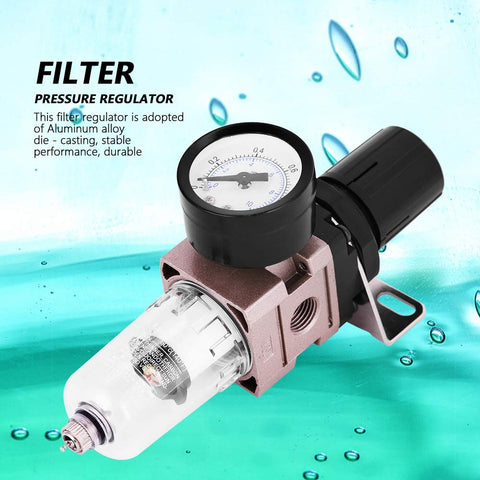 Pro Grade Air Filter Regulator AW2000-02 Aluminum Alloy With Rotary Manual Actuator shown on a watery backdrop