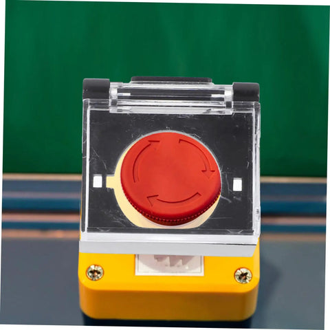 Clear protective cover on 16mm emergency stop button; part of Ten Pack Button Covers For Push Switches Emergency Stop Guards Protective Plastic Covers For Industrial Machinery 16mm Button Holes Easy Install Durable Safety Shield Keeps Your Gear Protected