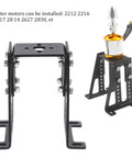 RC motor mounting bracket set in black aluminium alloy with bolt clamps and a separate motor stand with mounted motor.