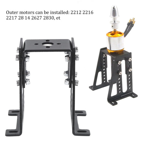 RC motor mounting bracket set in black aluminium alloy with bolt clamps and a separate motor stand with mounted motor.