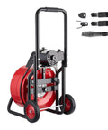 Wheeled Electric Sewer Snake Auger With 100 Feet Cable and Three Quarter Inch Width Auto Feed Drain Cleaner side view with swappable cutters.