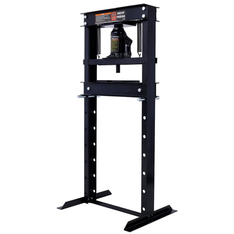 Garage Workhorse 20 Ton Hydraulic Shop Press With Rock Solid H Frame Floor Mount Stand For Weekend Warriors And Pro Shops front view showing press and hydraulic jack.