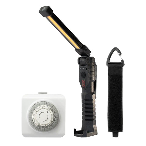 Must Have Indoor Mechanical Timer Portable LED Work Light And Extension Cord Organizer Bundle For Home Office Garage And Studio Easy 24 Hour Timer Bright Portable Light And Cable Organizer To Tidy Up Your Power Setup, showing timer, LED light, cord organizer