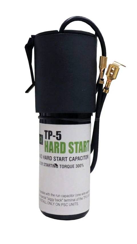 Hard Start Capacitor TP5 43 To 53 MFD 90 To 277 VAC For Half To 10 HP Motors with attached wires and label