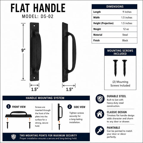 Diagram of 9 Inch Flat Iron Barn Door Pull in Black Wrought Iron Finish with dimensions and mounting instructions, screws shown.