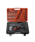 150 Piece Chrome Vanadium Socket Ratchet Wrench Kit Built Tough As Nails With Smooth Action Universal Joint and Secure Organizing Case open with organized tools.