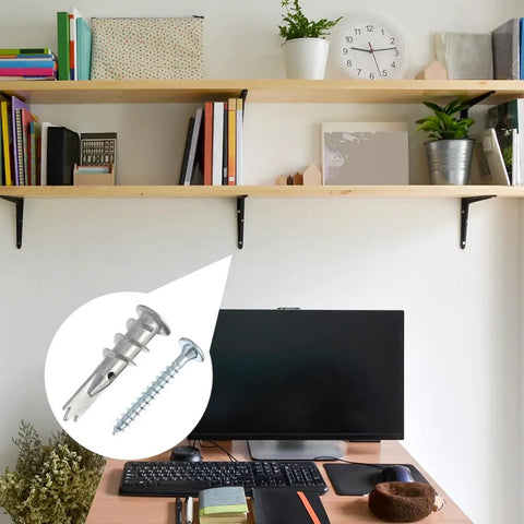 Self-Drilling Drywall Anchors Set With Zinc Alloy Screws, 200 Piece Kit For Picture Frames, Mirrors, Shelves, And Bathroom Accessories No Drill Needed, Easy Removal, Strong Hold. Wall shelf and desk with anchor close-up