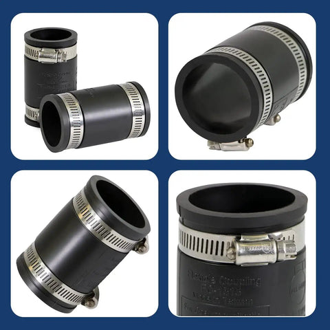 Flexible DWV Coupling One And A Half Inch Black 10 Pack With Universal Fit For Cast Iron Copper Plastic And Schedule 40 Steel Piping Leak Proof Rot Proof And Sealed Against Infiltration Exfiltration For Non-Pressure Drain Waste And Vent Systems, black rubber coupling with steel clamps