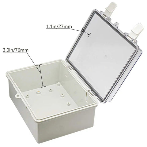 Rugged Outdoor IP65 Weatherproof Electrical Junction Box with hinged clear cover and two cable glands ABS plastic 8.7x6.7x4.3 inches