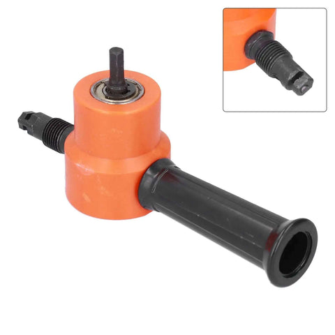 Beefy Pro Grade Double Head Nibbler 360 Degree Adjustable Heavy Duty Metal Drill Attachment shown in orange with black handle.