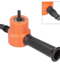 Double Head Sheet Metal Nibbler for Drills, 360 Degree Adjustable Cutter, close-up of orange and black metal cutting attachment