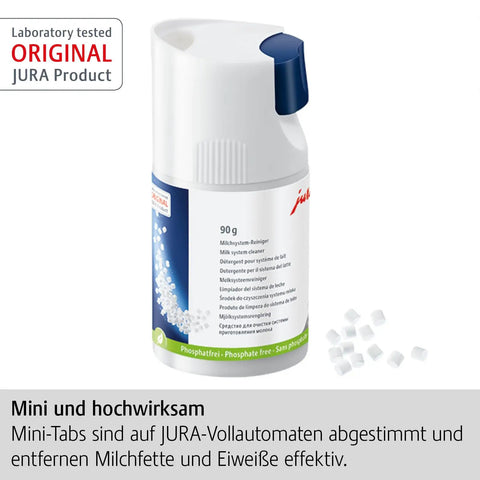 Milk System Cleaner Tablets With Dispensing System For Coffee Machines For Milk Frothing Systems One Click Dosage For 30 Cleanings 90G Eco Friendly Reusable Dispenser bottle with tablets visible