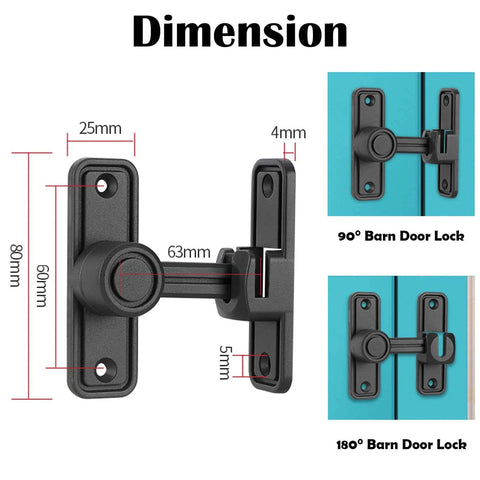 Heavy Duty Barn Door Lock Latch With 90 And 180 Degree Operation Zinc Alloy Construction Sliding Door Lock Hardware For Garage Garden Bathroom Cabinet And Home Safety Durable Matte Black Finish with dimensions